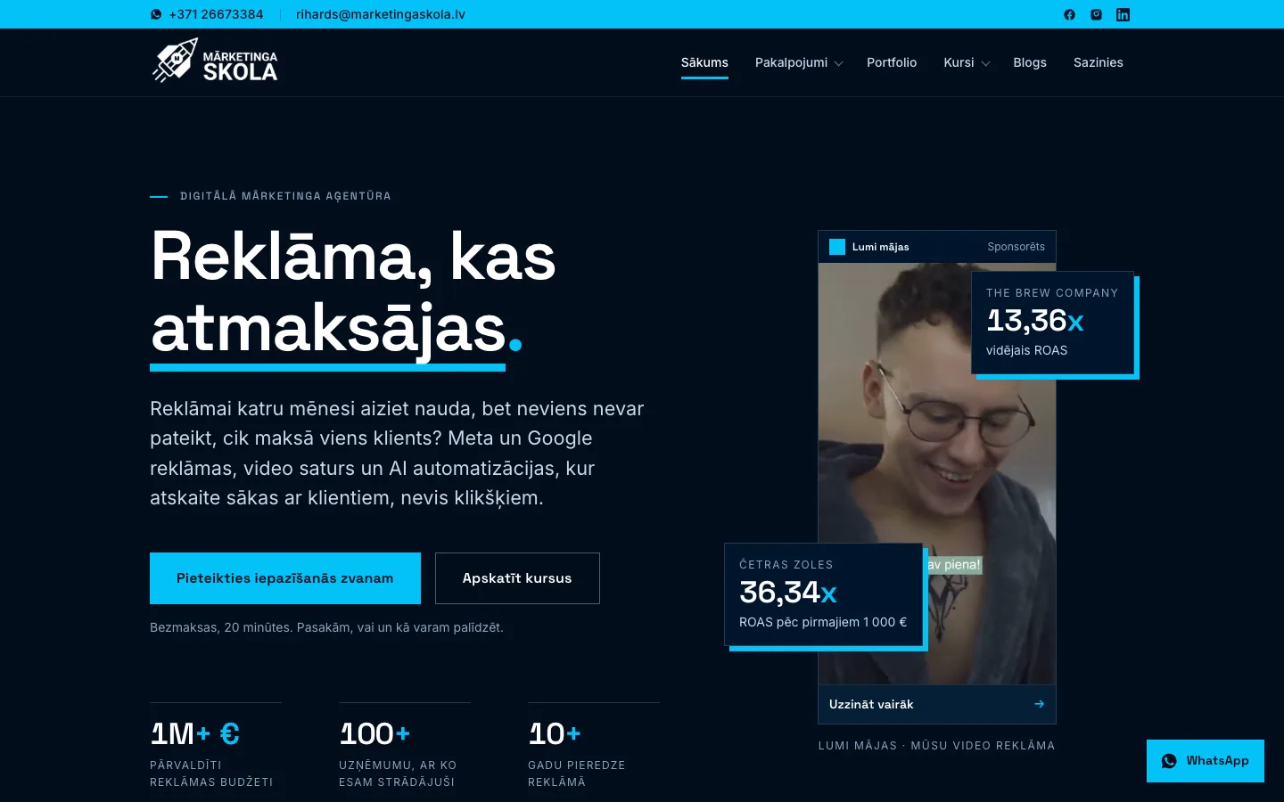 Mārketinga Skolas mājaslapas sākumlapa datora ekrānā