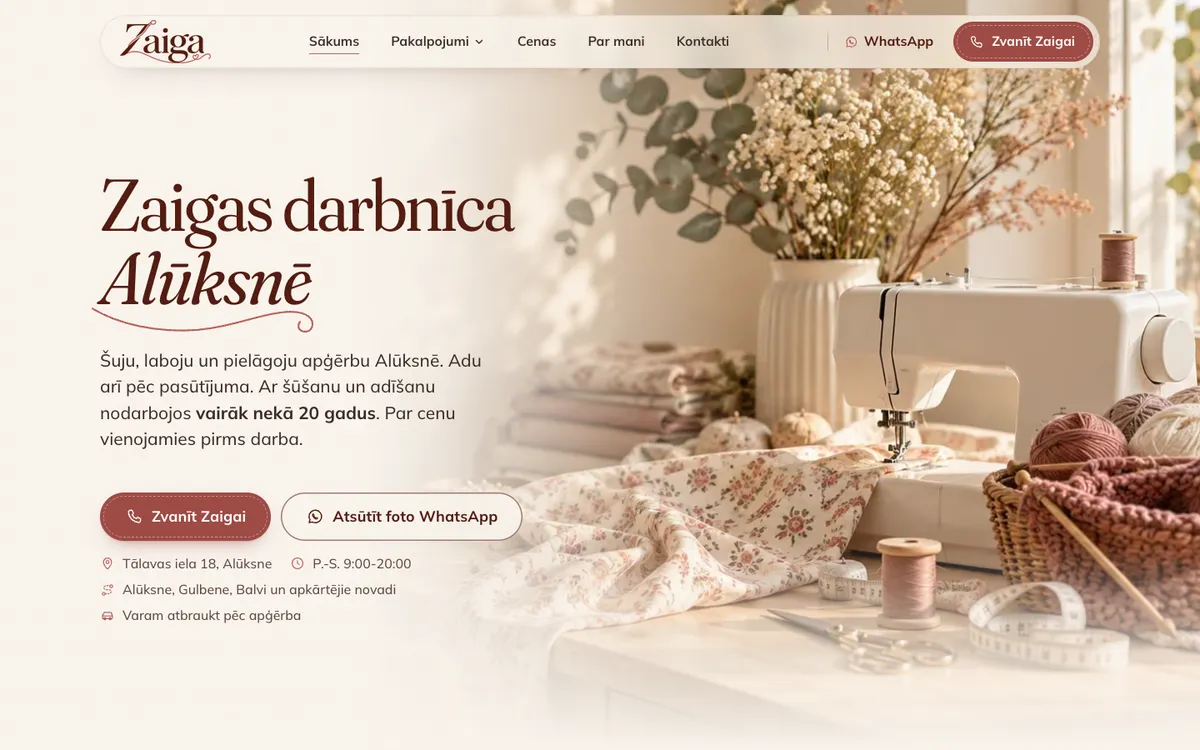 Zaigas darbnīcas mājaslapas sākumlapa